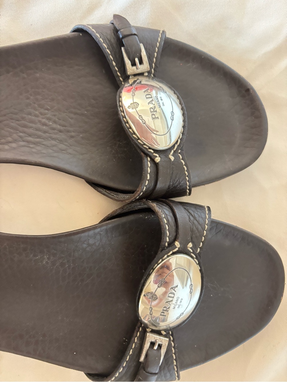 Prada Black Leather Slide Mules with Silver Logo Medallions - Picture 3 of 5